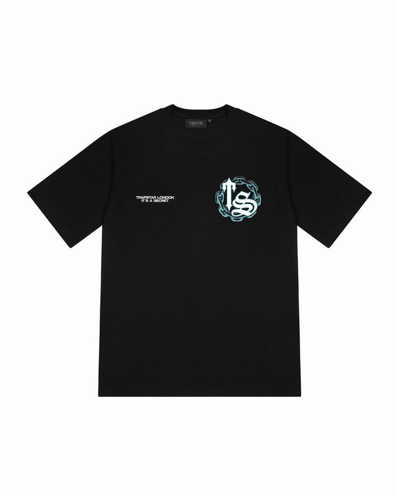 Black / Turquoise Trapstar Chain Script Tee Men's T Shirts | SKLDXB-802