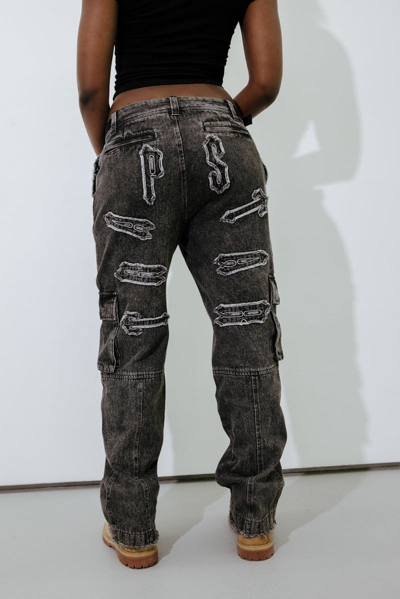 Blue Trapstar Arch Applique Distressed Denim Look Cargo Women's Pants | UWPHBK-760