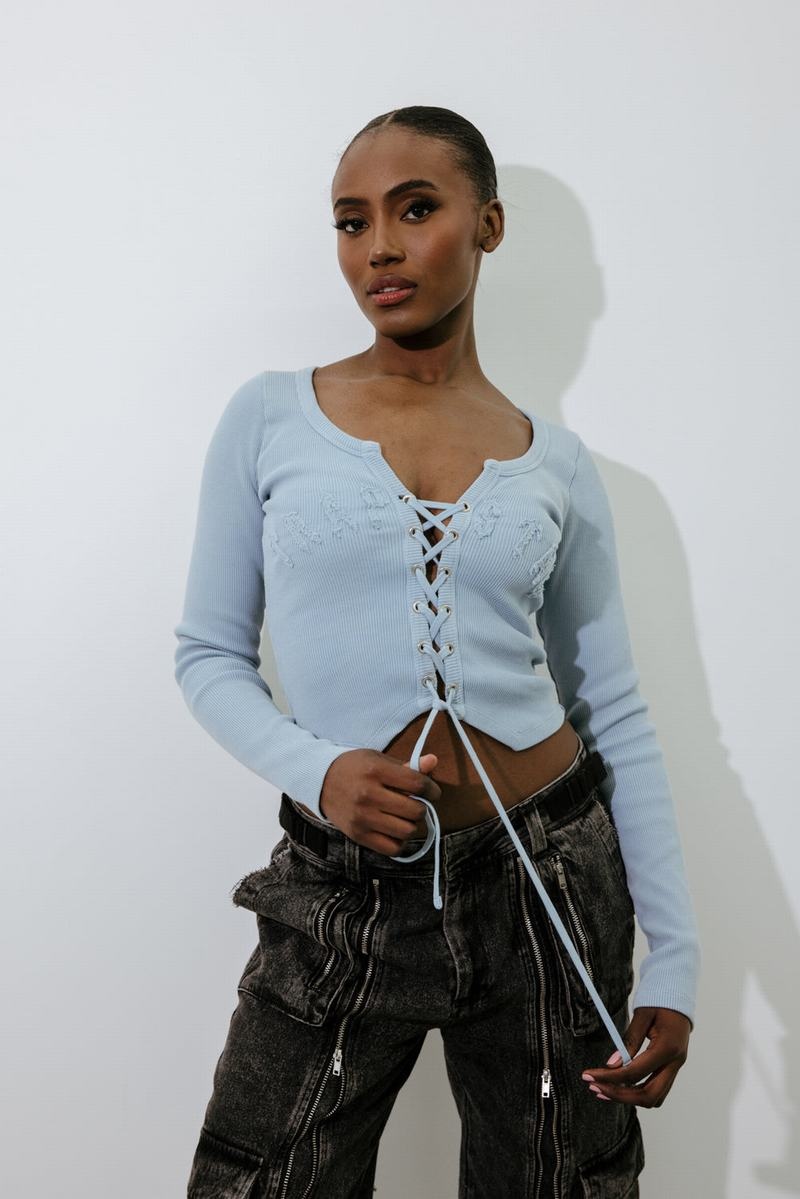 Blue Wash Trapstar Lace Up Appliqué Women's Tops | WHXQPN-425