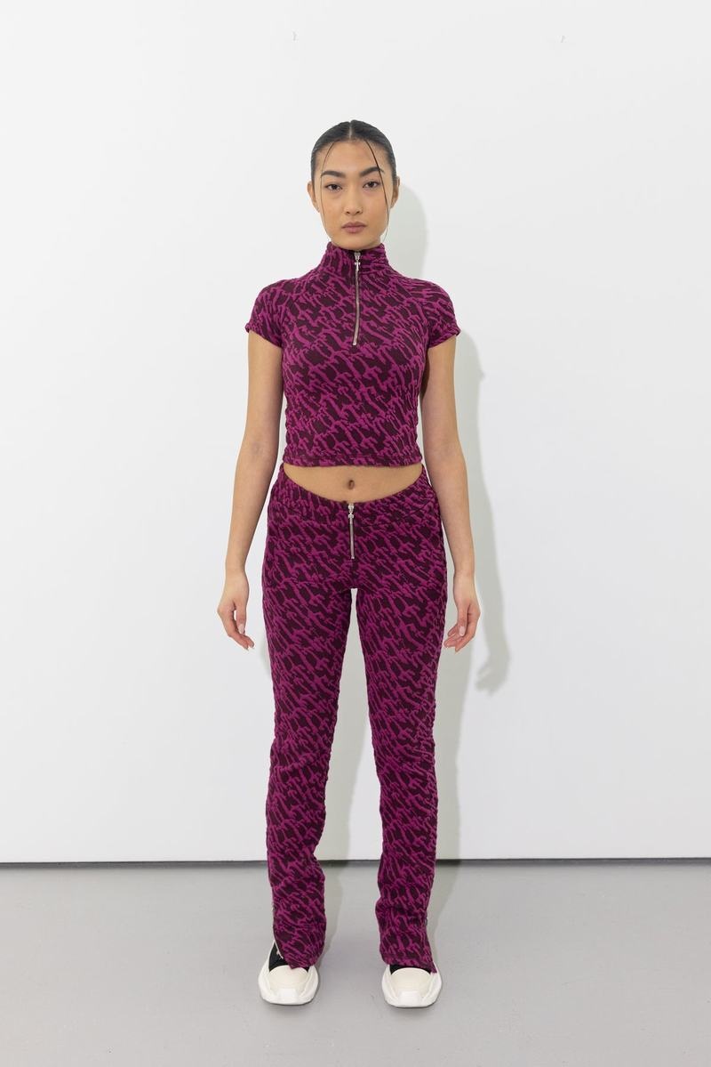 Burgundy Pink Trapstar Jacquard Fitted Zip Crop Women's Tops | NQZCTP-320