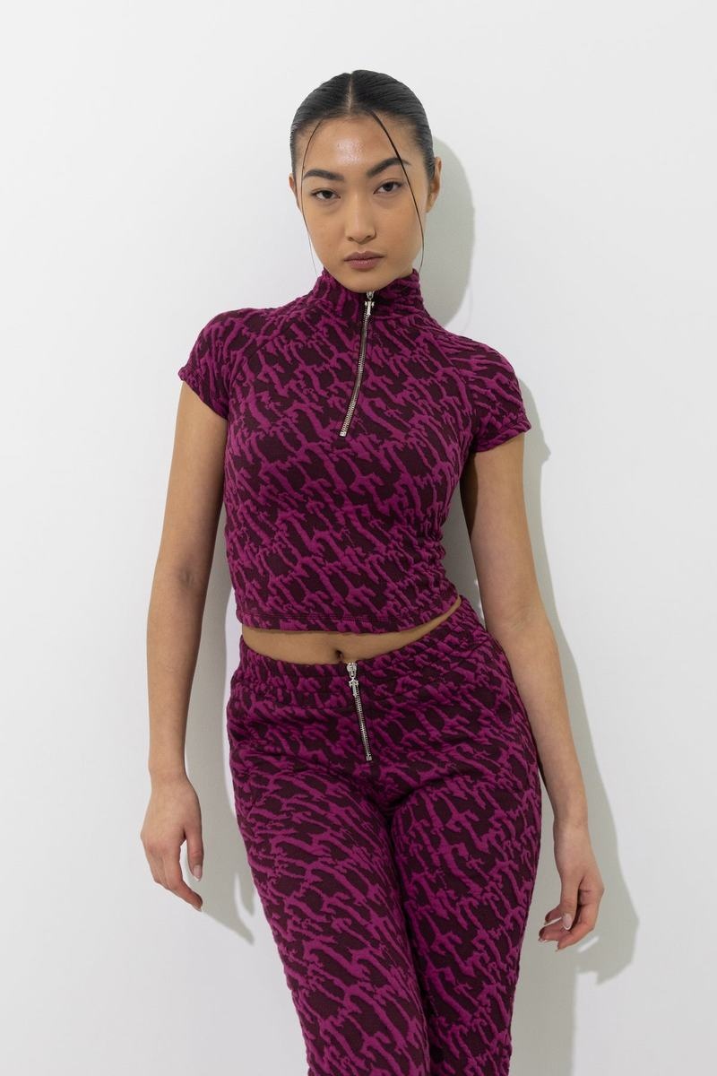 Burgundy Pink Trapstar Jacquard Fitted Zip Crop Women's Tops | NQZCTP-320