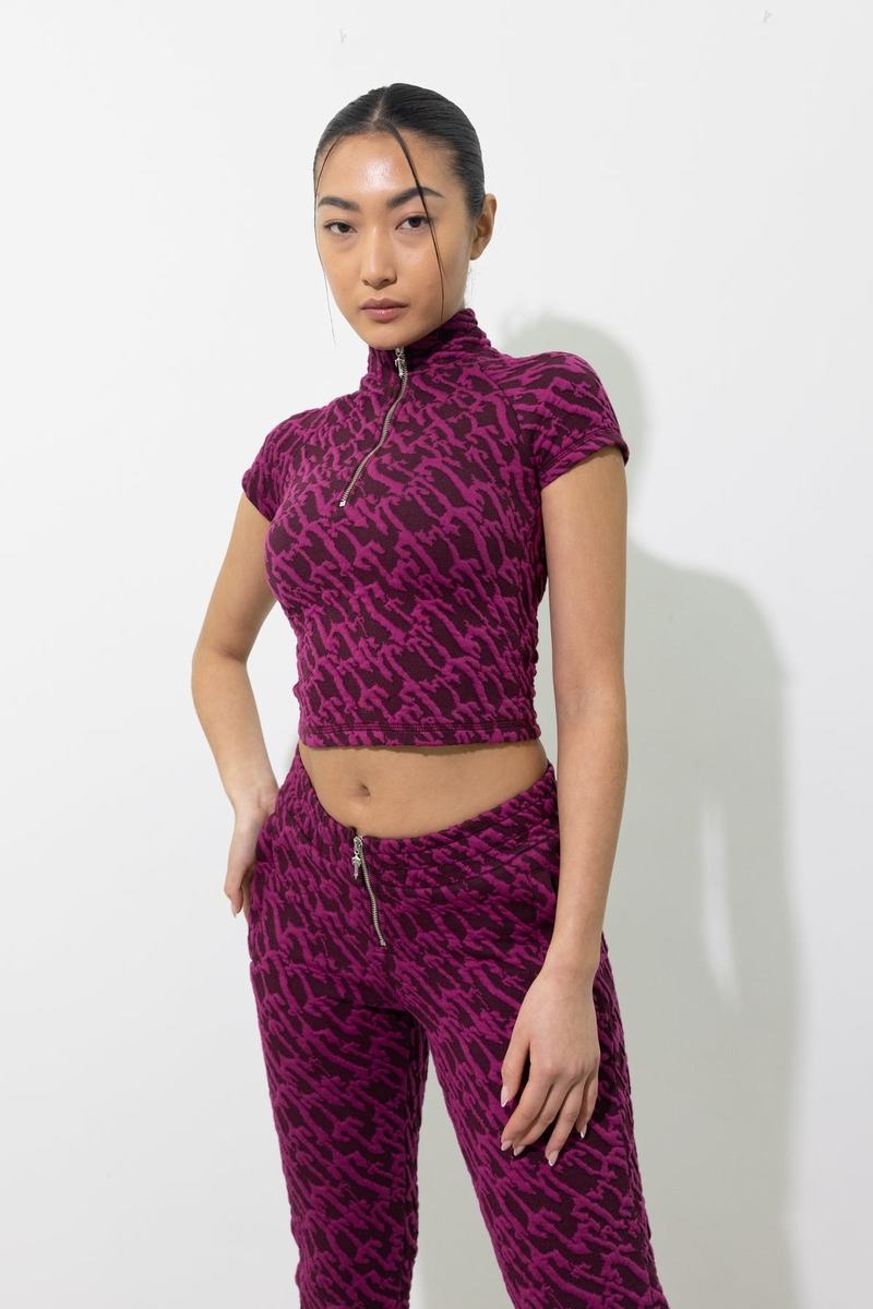 Burgundy Pink Trapstar Jacquard Fitted Zip Crop Women's Tops | NQZCTP-320