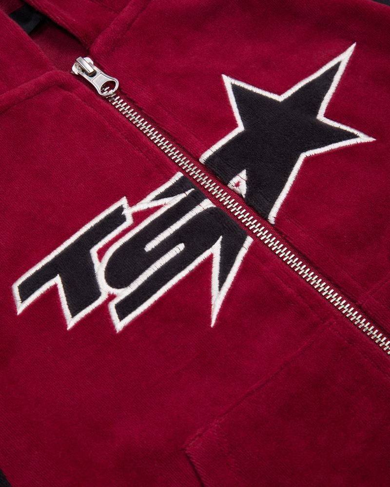 Burgundy Trapstar TS- Star Contrast Panel Velour Hoodie Women's Tracksuits | LKVPWQ-285