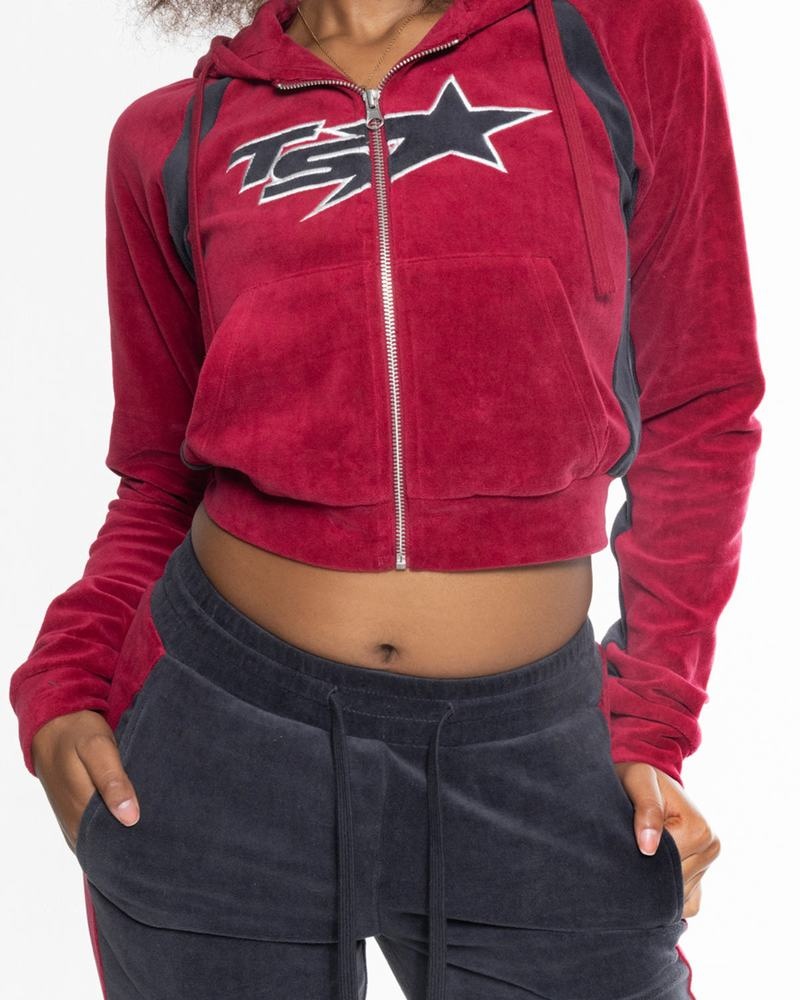 Burgundy Trapstar TS- Star Contrast Panel Velour Hoodie Women's Tracksuits | LKVPWQ-285