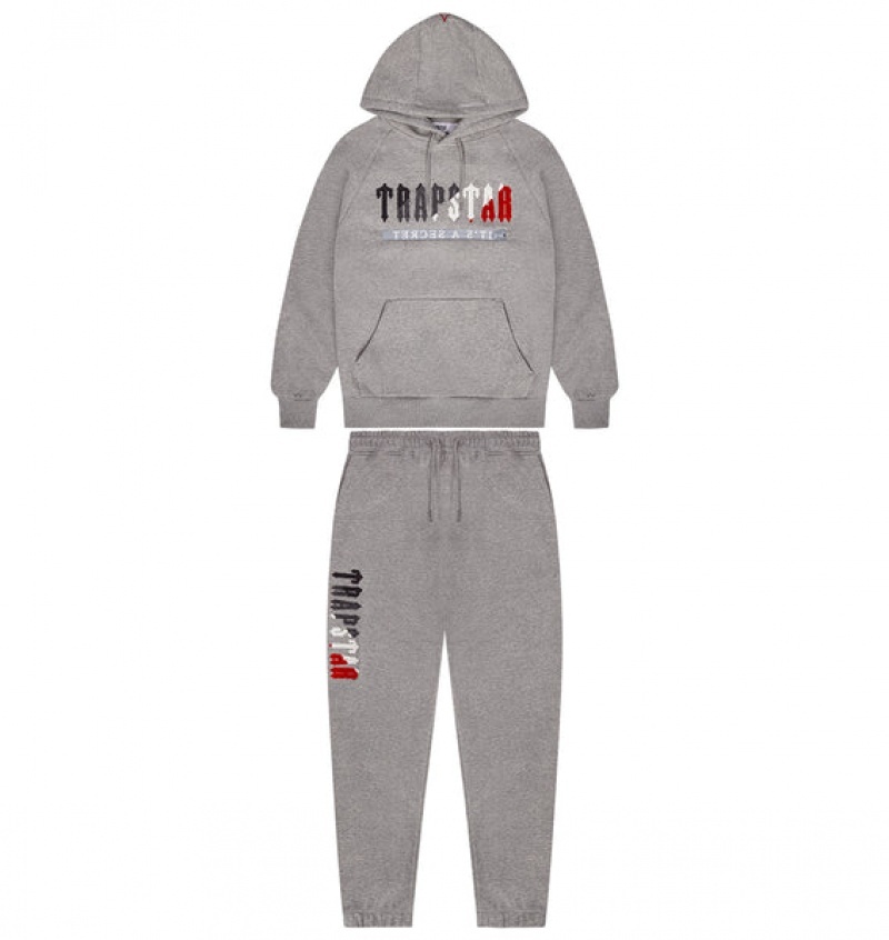 Grey / Red Trapstar Chenille Decoded 2.0 Hooded Men\'s Tracksuits | BAXYPI-259