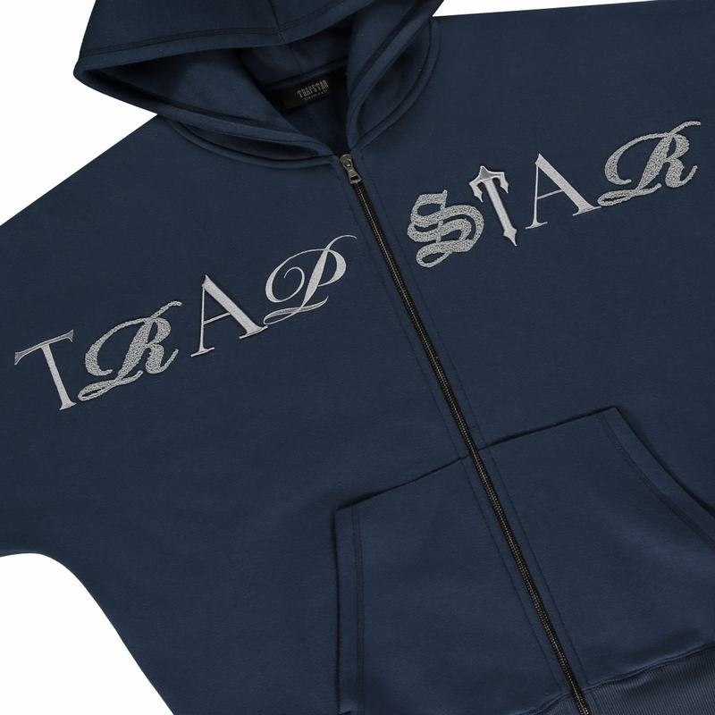 Navy Trapstar Script Zip Hoodie Men's Tracksuits | ZIKTDY-461