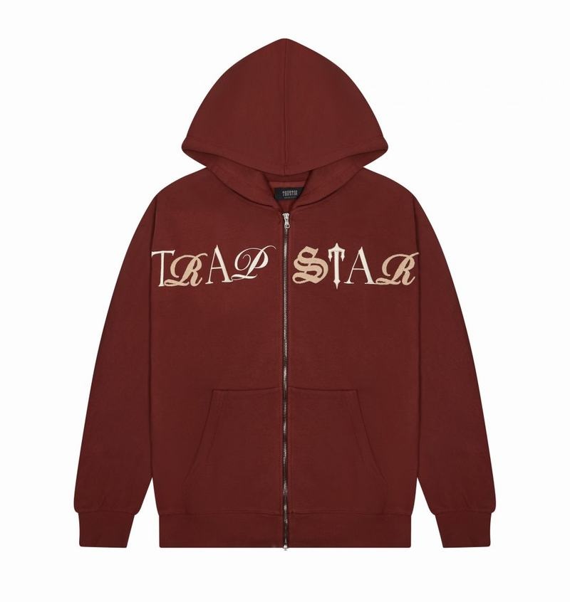 Red Trapstar Script Zip Through Hoodie Men's Tracksuits | RHLZJM-814