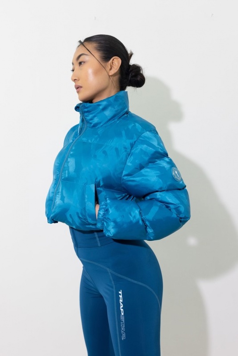 Turquoise Trapstar Cropped T Jacquard Puffer Women's Jackets | YVNXJS-421