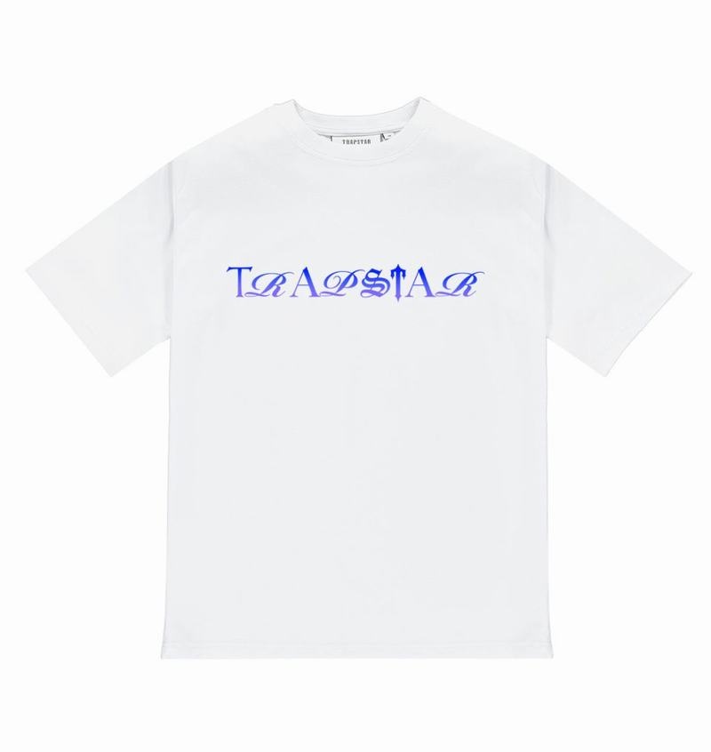 White / Blue Trapstar Script Fade Tee Men\'s T Shirts | QEYLKX-960