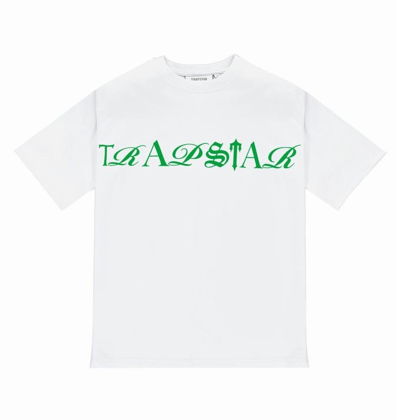 White / Green Trapstar Script Tee Men\'s T Shirts | JHOCRF-014